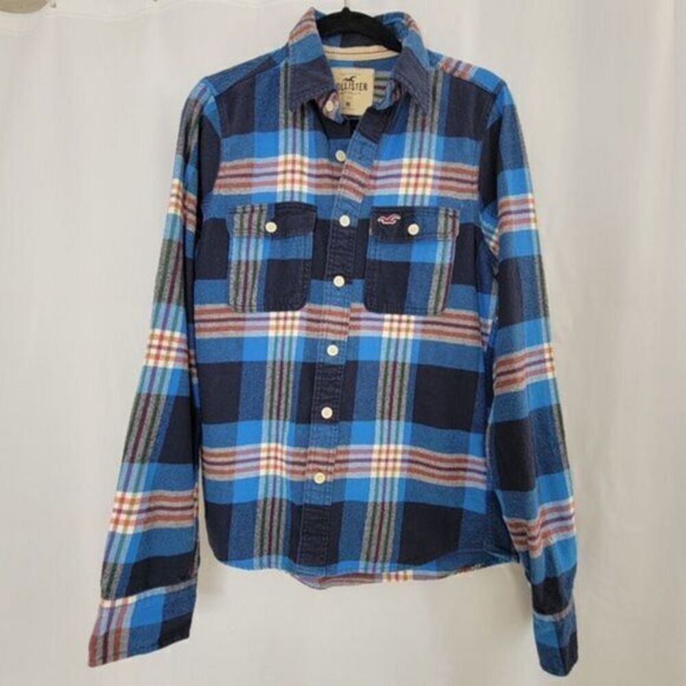 Hollister Mens Flannel Shirt Medium Blue Plaid Collar Long Sleeve Cotton